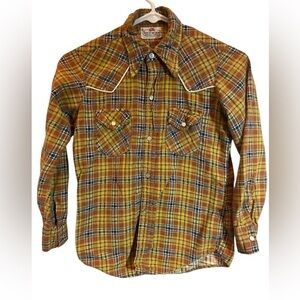 VTG 70s Fruit of The Loom Boys Plaid Western Yellow Flannel Pearl Snaps Sz 12